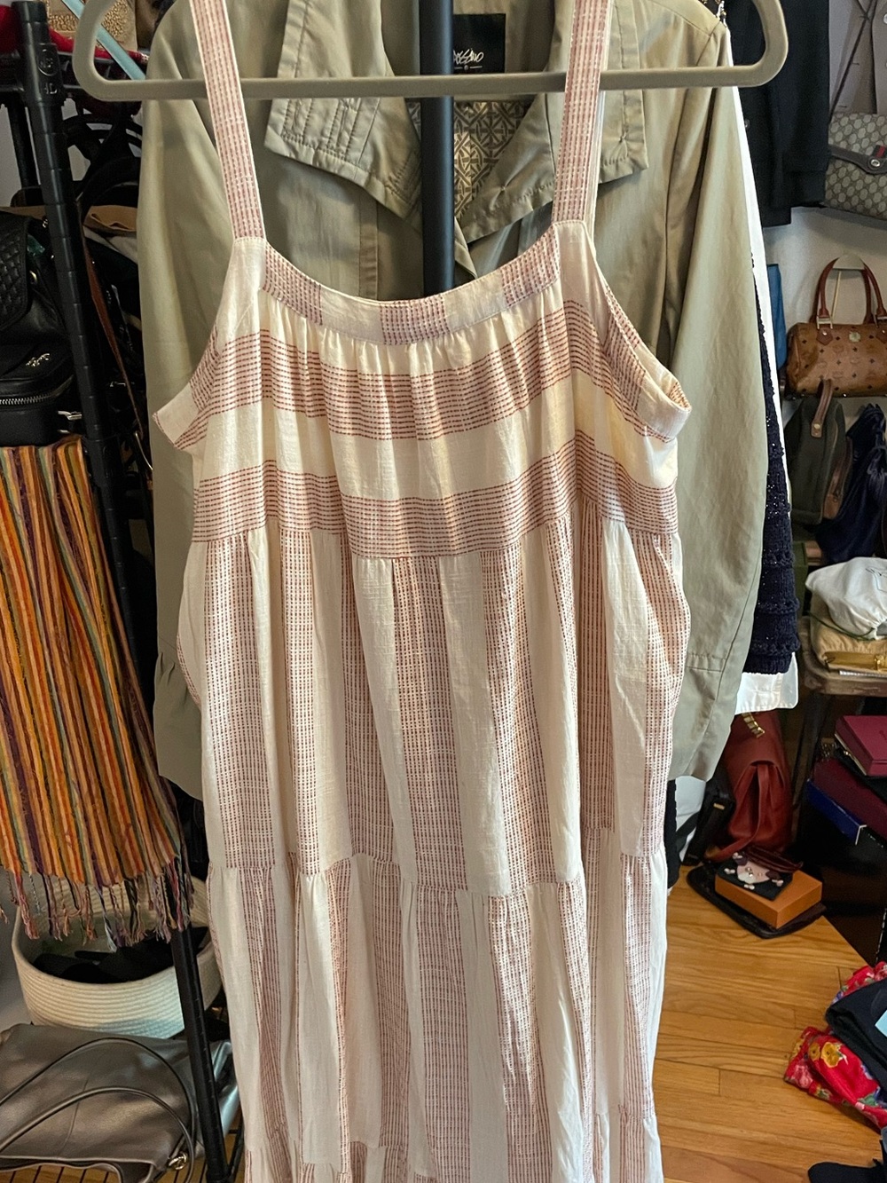 Laude the Label Tiered Cotton Dress Cream Rust Stripe Midi L - Picture 2 of 8